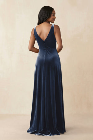 V - Neck Ruched A - Line Velvet Bridesmaid Dress in Dusk Blue - KISS BRIDAL Bridesmaid Dresses