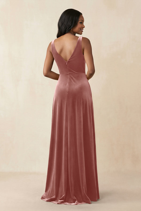 V - Neck Ruched A - Line Velvet Bridesmaid Dress in Dusty Rose - KISS BRIDAL Bridesmaid Dresses