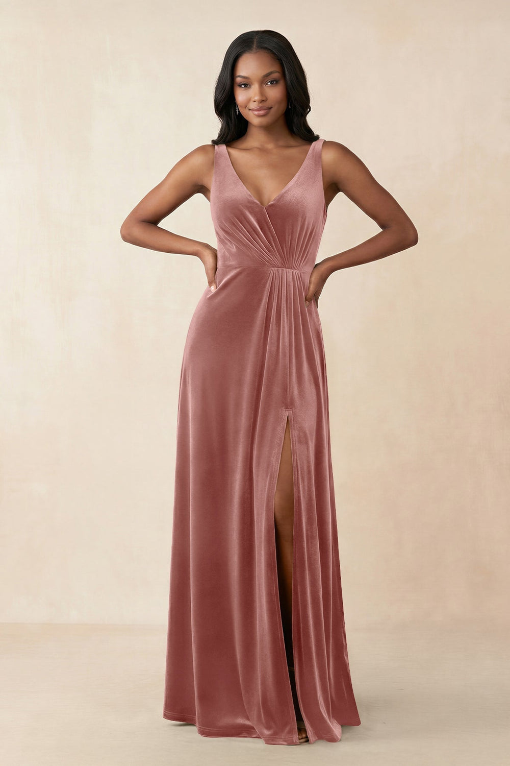 V - Neck Ruched A - Line Velvet Bridesmaid Dress in Dusty Rose - KISS BRIDAL Bridesmaid Dresses