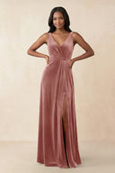 V - Neck Ruched A - Line Velvet Bridesmaid Dress in Dusty Rose - KISS BRIDAL Bridesmaid Dresses