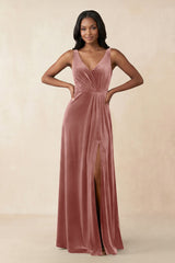 V - Neck Ruched A - Line Velvet Bridesmaid Dress in Dusty Rose - KISS BRIDAL Bridesmaid Dresses