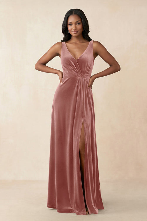 V - Neck Ruched A - Line Velvet Bridesmaid Dress in Dusty Rose - KISS BRIDAL Bridesmaid Dresses