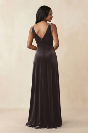 V - Neck Ruched A - Line Velvet Bridesmaid Dress in Espresso - KISS BRIDAL Bridesmaid Dresses