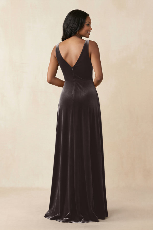 V - Neck Ruched A - Line Velvet Bridesmaid Dress in Espresso - KISS BRIDAL Bridesmaid Dresses