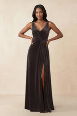 V - Neck Ruched A - Line Velvet Bridesmaid Dress in Espresso - KISS BRIDAL Bridesmaid Dresses