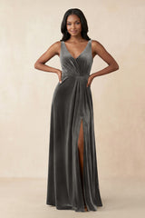 V - Neck Ruched A - Line Velvet Bridesmaid Dress in Frost - KISS BRIDAL Bridesmaid Dresses