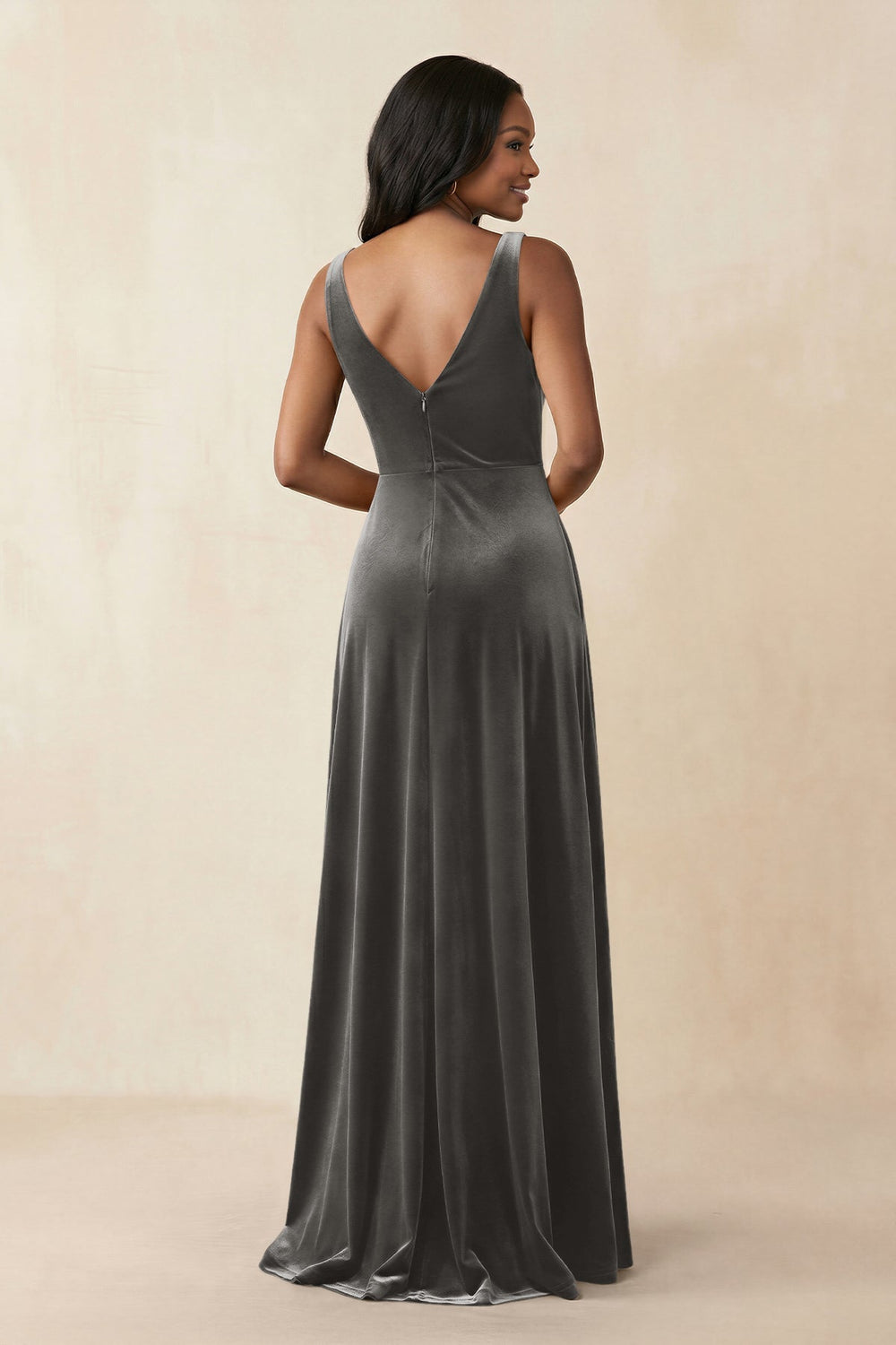 V - Neck Ruched A - Line Velvet Bridesmaid Dress in Frost - KISS BRIDAL Bridesmaid Dresses