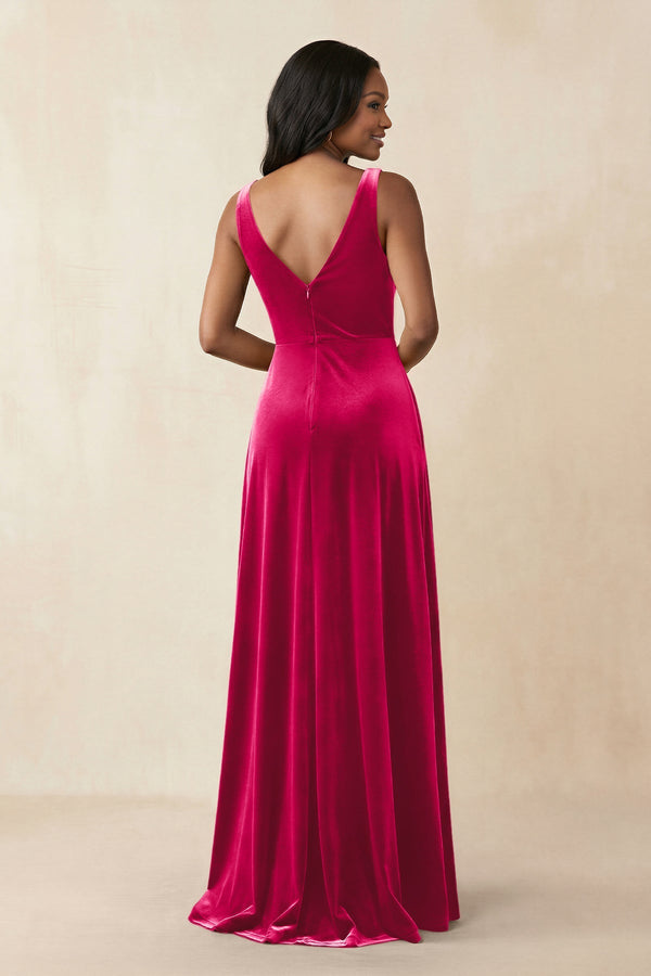 V - Neck Ruched A - Line Velvet Bridesmaid Dress in Fuchsia - KISS BRIDAL Bridesmaid Dresses