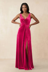 V - Neck Ruched A - Line Velvet Bridesmaid Dress in Fuchsia - KISS BRIDAL Bridesmaid Dresses