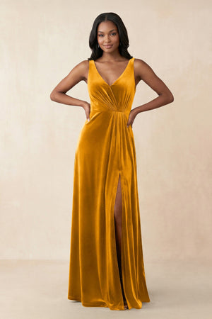 V - Neck Ruched A - Line Velvet Bridesmaid Dress in Gold - KISS BRIDAL Bridesmaid Dresses