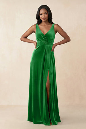 V - Neck Ruched A - Line Velvet Bridesmaid Dress in Green - KISS BRIDAL Bridesmaid Dresses