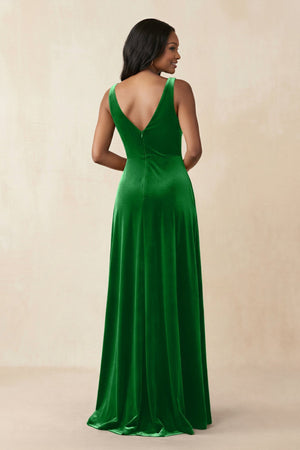 V - Neck Ruched A - Line Velvet Bridesmaid Dress in Green - KISS BRIDAL Bridesmaid Dresses