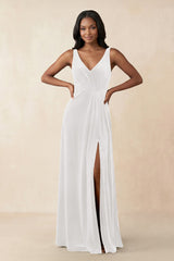 V - Neck Ruched A - Line Velvet Bridesmaid Dress in Ivory - KISS BRIDAL Bridesmaid Dresses