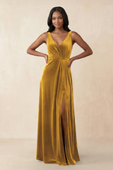 V - Neck Ruched A - Line Velvet Bridesmaid Dress in Marigold - KISS BRIDAL Bridesmaid Dresses
