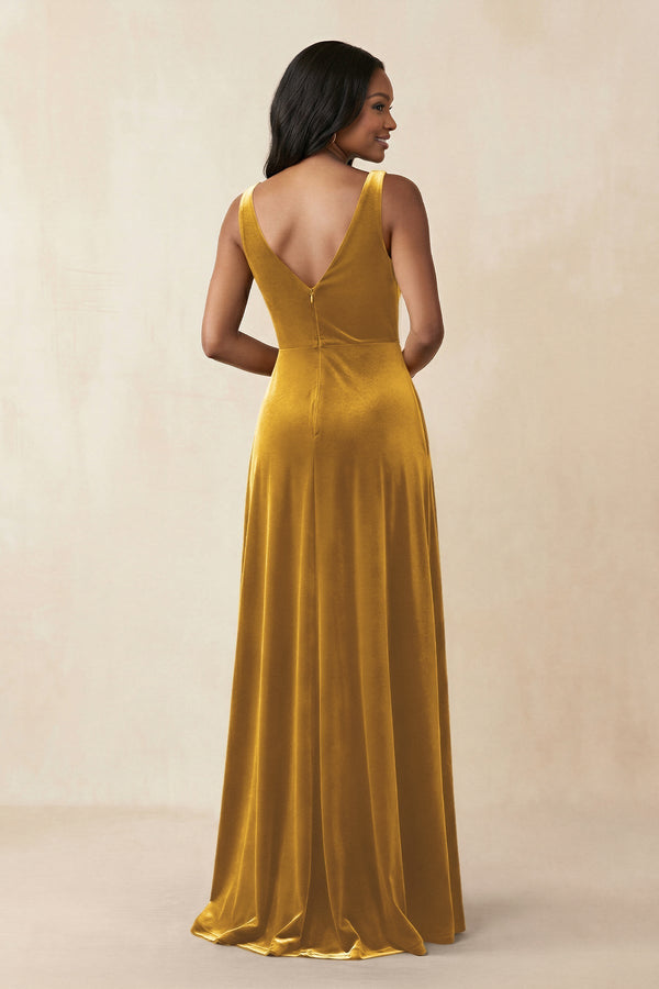 V - Neck Ruched A - Line Velvet Bridesmaid Dress in Marigold - KISS BRIDAL Bridesmaid Dresses