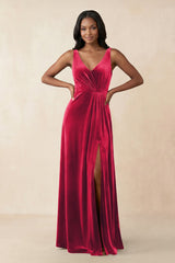 V - Neck Ruched A - Line Velvet Bridesmaid Dress in Merlot - KISS BRIDAL Bridesmaid Dresses