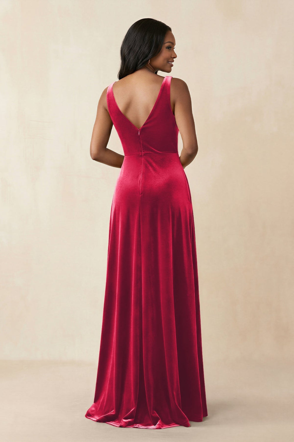 V - Neck Ruched A - Line Velvet Bridesmaid Dress in Merlot - KISS BRIDAL Bridesmaid Dresses
