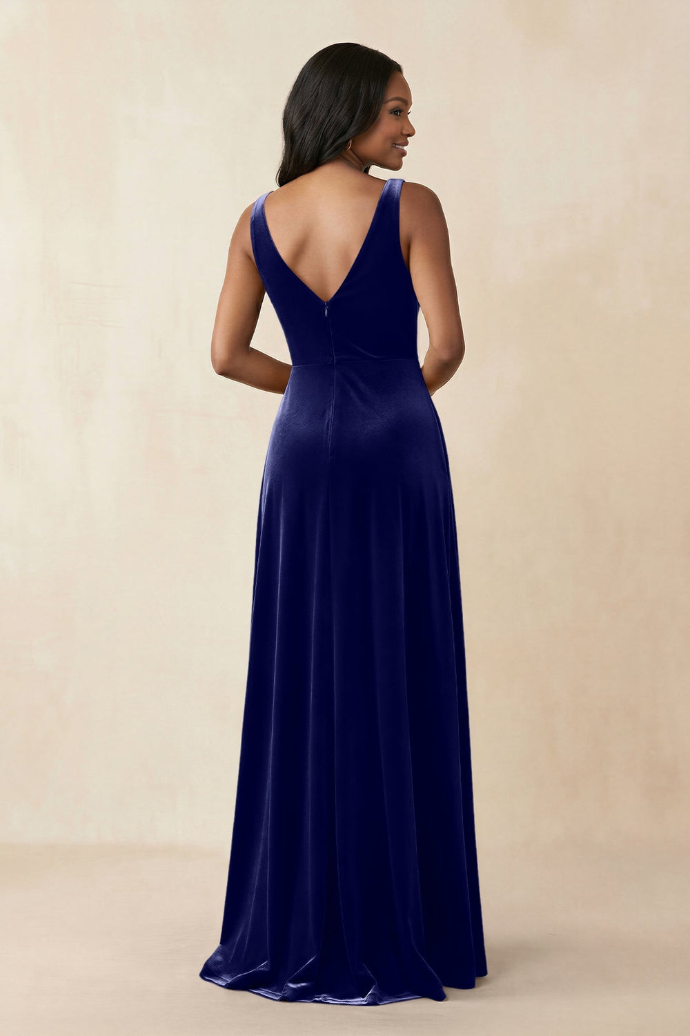 V - Neck Ruched A - Line Velvet Bridesmaid Dress in Navy - KISS BRIDAL Bridesmaid Dresses
