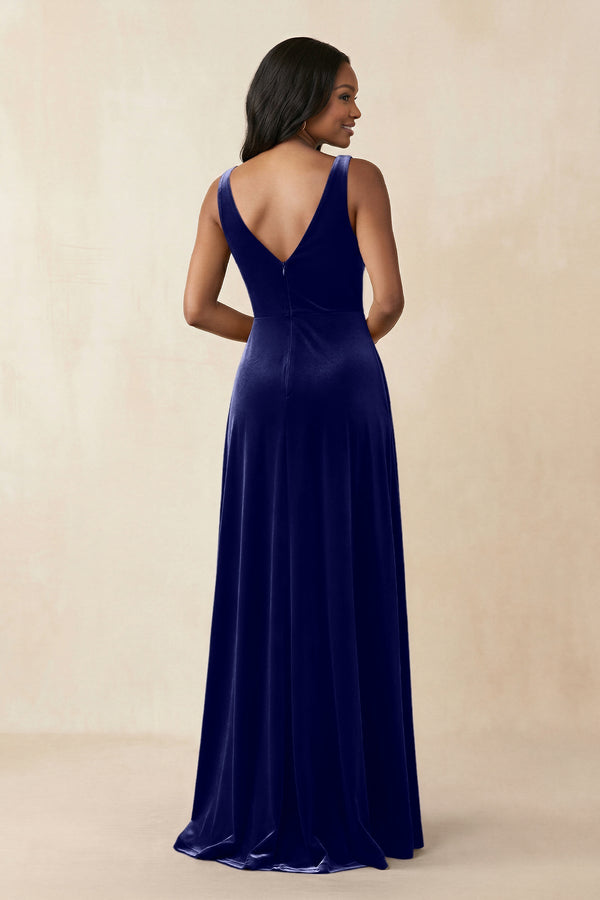 V - Neck Ruched A - Line Velvet Bridesmaid Dress in Navy - KISS BRIDAL Bridesmaid Dresses