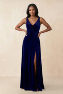 V - Neck Ruched A - Line Velvet Bridesmaid Dress in Navy - KISS BRIDAL Bridesmaid Dresses