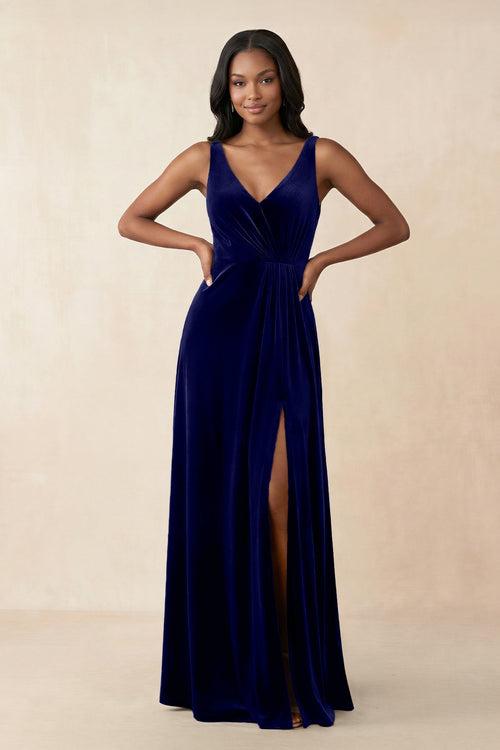 V - Neck Ruched A - Line Velvet Bridesmaid Dress in Navy - KISS BRIDAL Bridesmaid Dresses