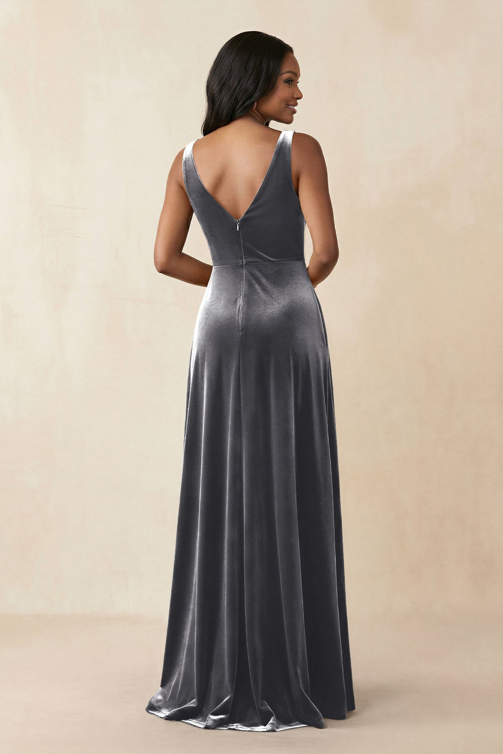 V - Neck Ruched A - Line Velvet Bridesmaid Dress in Neptune - KISS BRIDAL Bridesmaid Dresses