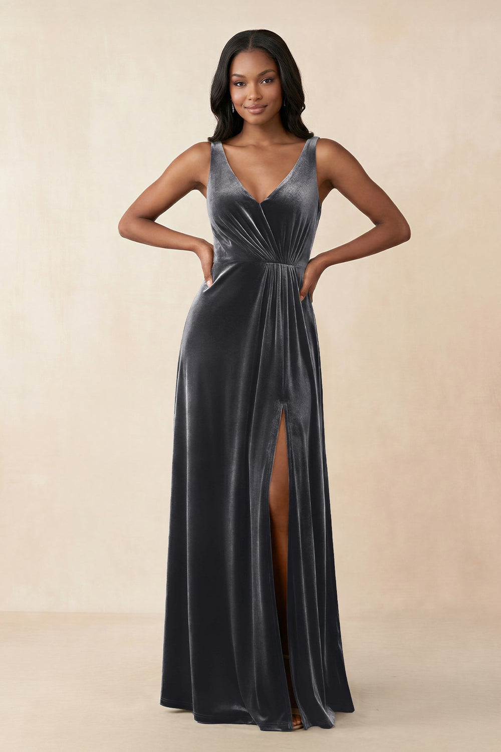 V - Neck Ruched A - Line Velvet Bridesmaid Dress in Neptune - KISS BRIDAL Bridesmaid Dresses