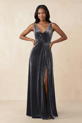 V - Neck Ruched A - Line Velvet Bridesmaid Dress in Neptune - KISS BRIDAL Bridesmaid Dresses