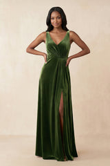 V - Neck Ruched A - Line Velvet Bridesmaid Dress in Olive - KISS BRIDAL Bridesmaid Dresses