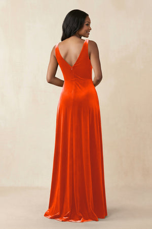 V - Neck Ruched A - Line Velvet Bridesmaid Dress in Orange - KISS BRIDAL Bridesmaid Dresses