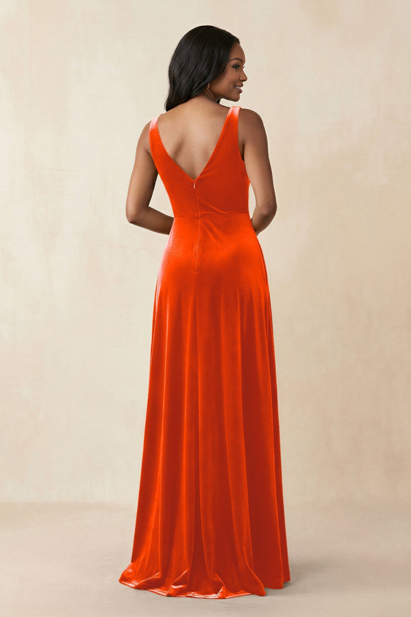 V - Neck Ruched A - Line Velvet Bridesmaid Dress in Orange - KISS BRIDAL Bridesmaid Dresses