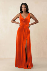 V - Neck Ruched A - Line Velvet Bridesmaid Dress in Orange - KISS BRIDAL Bridesmaid Dresses