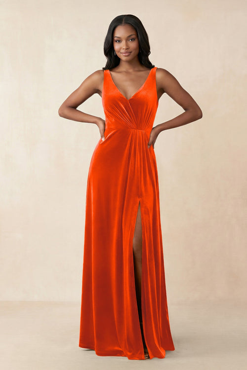 V - Neck Ruched A - Line Velvet Bridesmaid Dress in Orange - KISS BRIDAL Bridesmaid Dresses