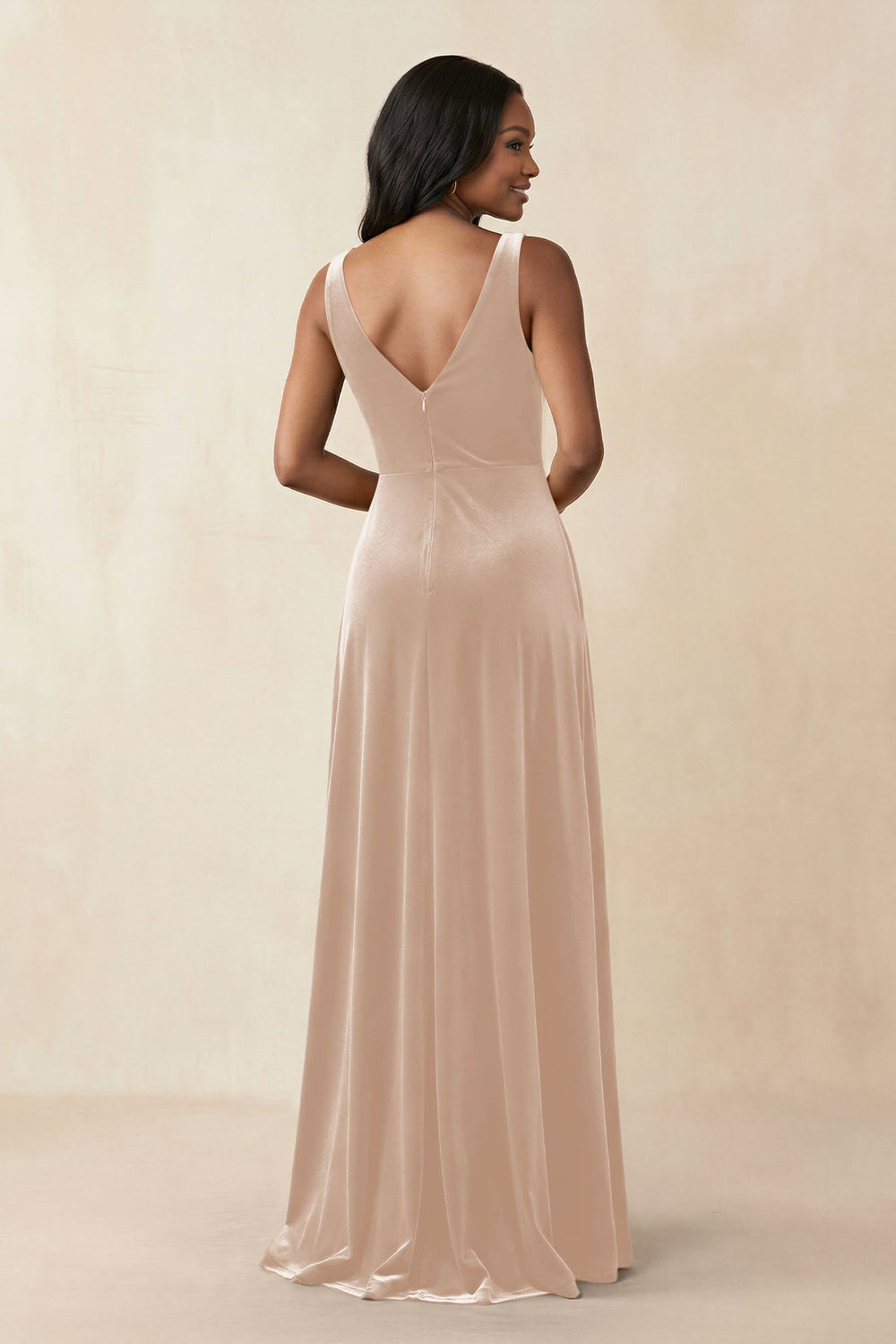 V - Neck Ruched A - Line Velvet Bridesmaid Dress in Pale Blush - KISS BRIDAL Bridesmaid Dresses