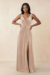 V - Neck Ruched A - Line Velvet Bridesmaid Dress in Pale Blush - KISS BRIDAL Bridesmaid Dresses