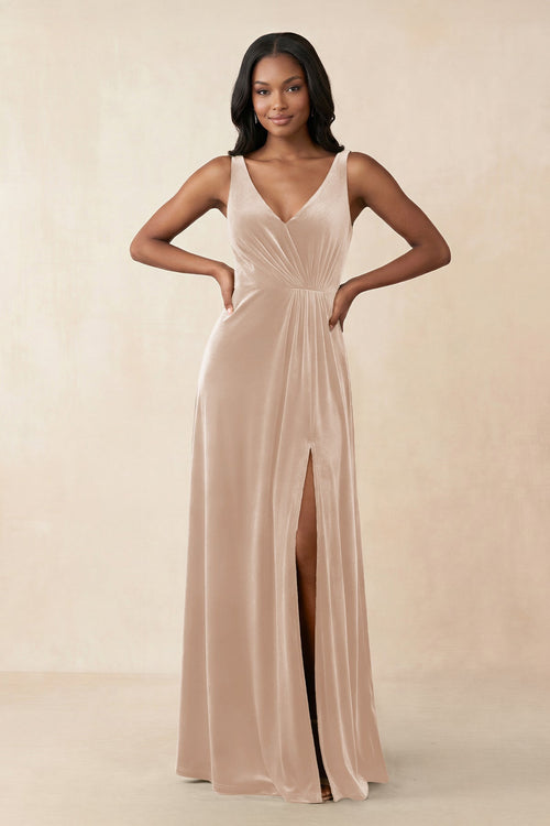 V - Neck Ruched A - Line Velvet Bridesmaid Dress in Pale Blush - KISS BRIDAL Bridesmaid Dresses