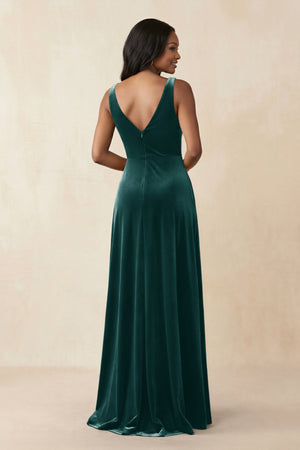 V - Neck Ruched A - Line Velvet Bridesmaid Dress in Pine - KISS BRIDAL Bridesmaid Dresses