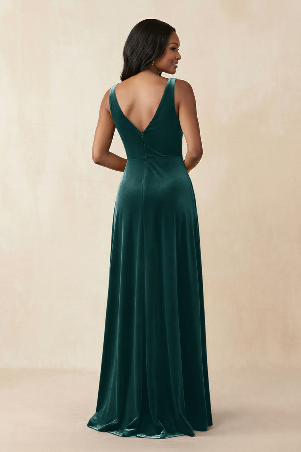 V - Neck Ruched A - Line Velvet Bridesmaid Dress in Pine - KISS BRIDAL Bridesmaid Dresses
