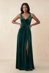V - Neck Ruched A - Line Velvet Bridesmaid Dress in Pine - KISS BRIDAL Bridesmaid Dresses