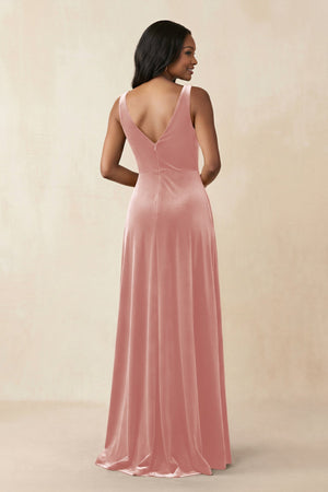 V - Neck Ruched A - Line Velvet Bridesmaid Dress in Rose Petal - SHE IS ME Bridesmaid Dresses