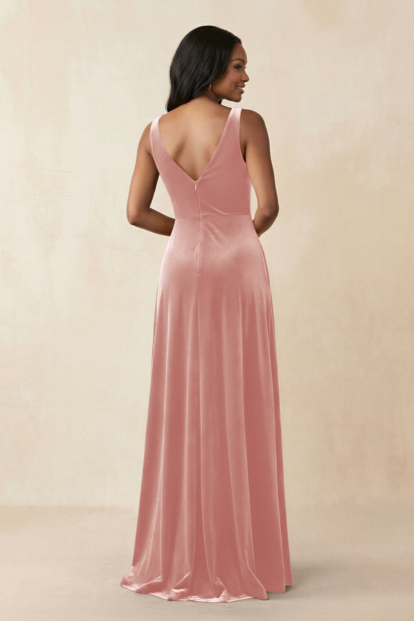 V - Neck Ruched A - Line Velvet Bridesmaid Dress in Rose Petal - SHE IS ME Bridesmaid Dresses