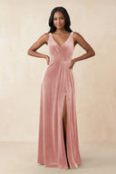 V - Neck Ruched A - Line Velvet Bridesmaid Dress in Rose Petal - SHE IS ME Bridesmaid Dresses