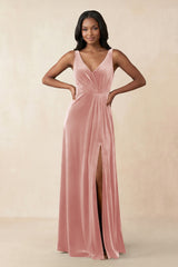 V - Neck Ruched A - Line Velvet Bridesmaid Dress in Rose Petal - KISS BRIDAL Bridesmaid Dresses