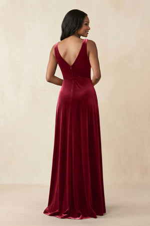 V - Neck Ruched A - Line Velvet Bridesmaid Dress in Rosewood - KISS BRIDAL Bridesmaid Dresses