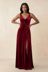V - Neck Ruched A - Line Velvet Bridesmaid Dress in Rosewood - KISS BRIDAL Bridesmaid Dresses