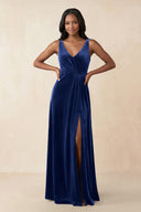 V - Neck Ruched A - Line Velvet Bridesmaid Dress in Royal Blue - KISS BRIDAL Bridesmaid Dresses