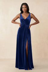 V - Neck Ruched A - Line Velvet Bridesmaid Dress in Royal Blue - KISS BRIDAL Bridesmaid Dresses