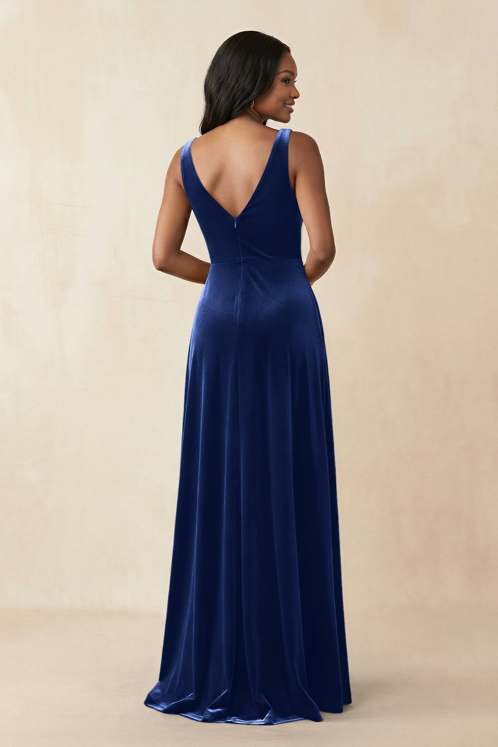 V - Neck Ruched A - Line Velvet Bridesmaid Dress in Royal Blue - KISS BRIDAL Bridesmaid Dresses