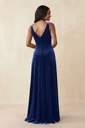 V - Neck Ruched A - Line Velvet Bridesmaid Dress in Royal Blue - KISS BRIDAL Bridesmaid Dresses