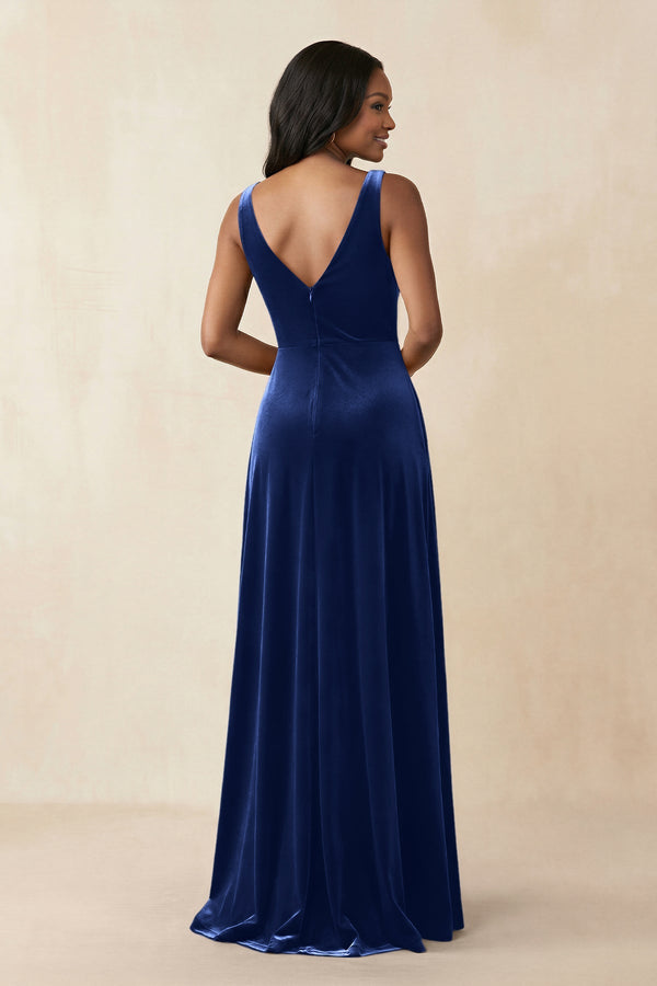 V - Neck Ruched A - Line Velvet Bridesmaid Dress in Royal Blue - KISS BRIDAL Bridesmaid Dresses